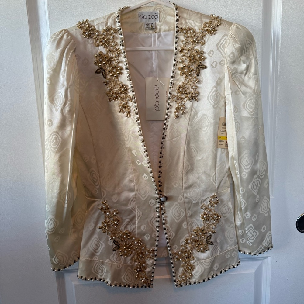 VINTAGE 80s Pia Rucci deadstock NWT ivory GOLD beaded SILK Blazer 6 S